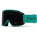 Snow goggles with black frame and teal lens area, SMITH strap patch