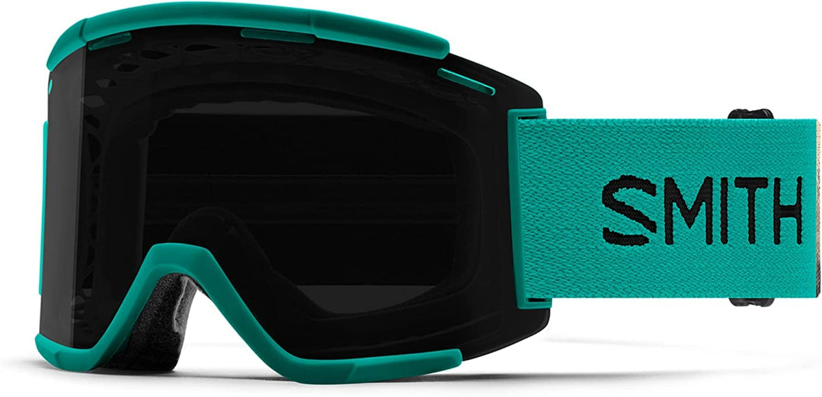 Snow goggles with black face foam, teal trim, and SMITH logo strap patch