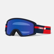Semi snow goggles with blue mirrored lens and navy frame, red-and-white strap