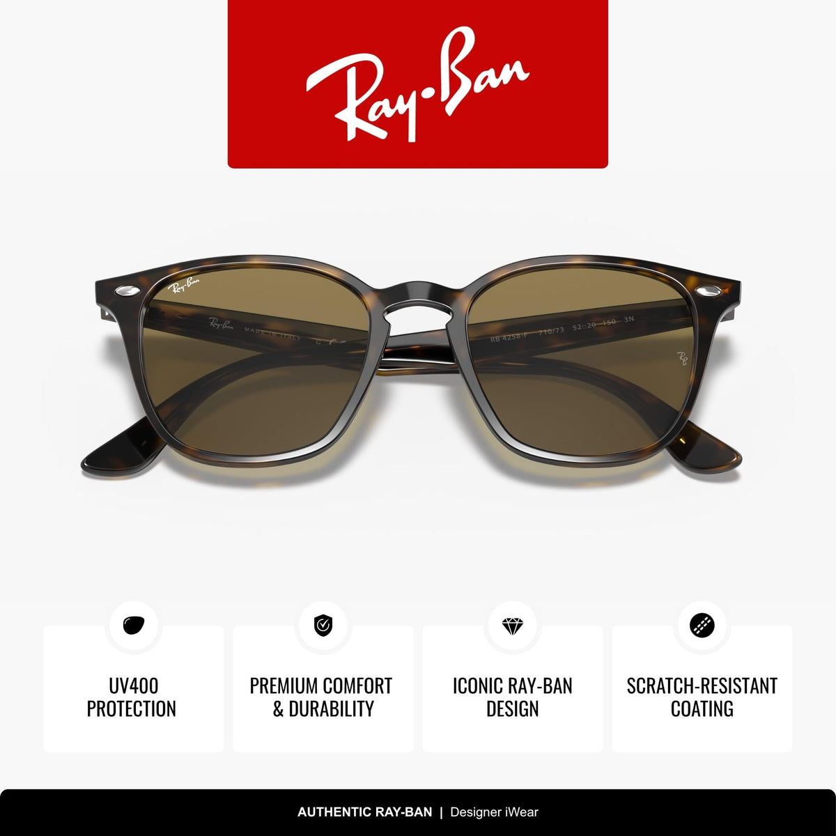Ray-Ban RB4258F low-bridge fit sunglasses, tortoiseshell frames and brown UV400 lenses