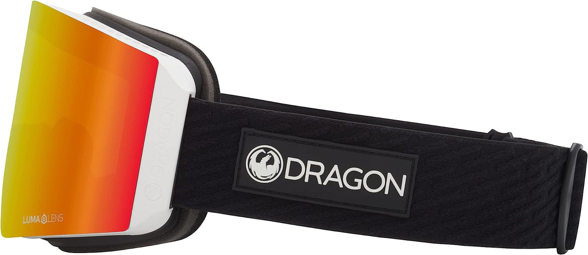 Snow goggles with orange-to-red mirrored lens, black strap with DRAGON logo