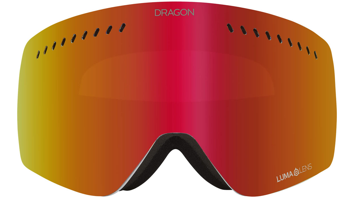 Dragon NFXS goggle lens, red-orange mirrored Rapid Roll lens with black frame edge