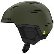 Olive green ski helmet with vented shell, Mips badge, and chin strap.