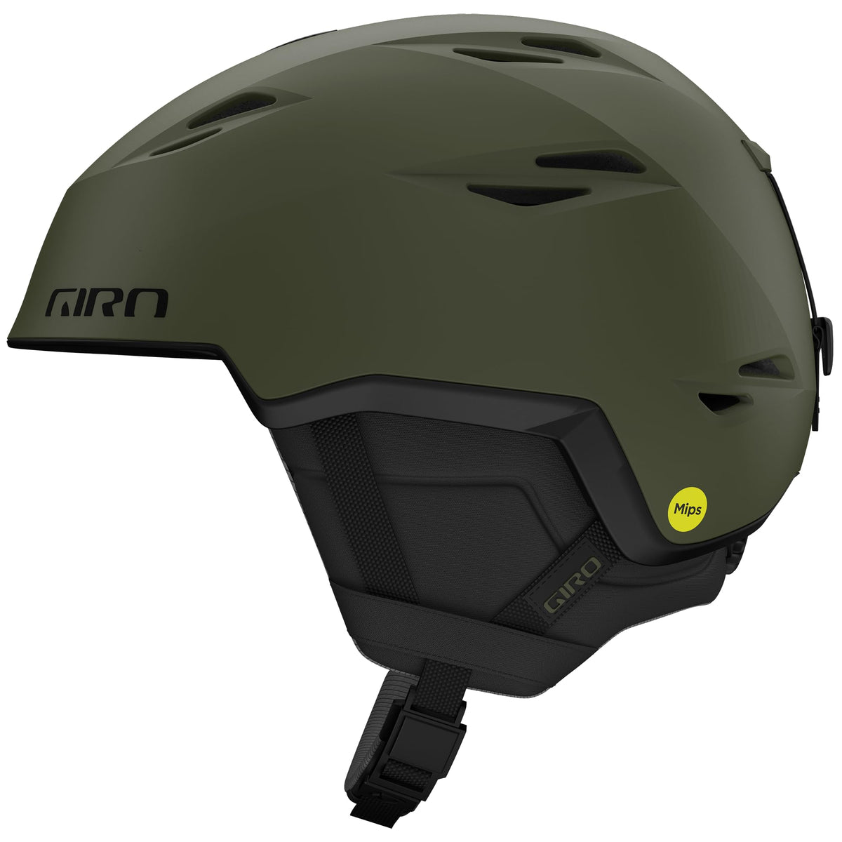 Olive green ski helmet with vented shell, Mips badge, and chin strap.