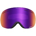 Snow goggles with violet mirrored lens and black frame.