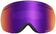 Snow goggles with purple mirrored lens and dark foam frame.