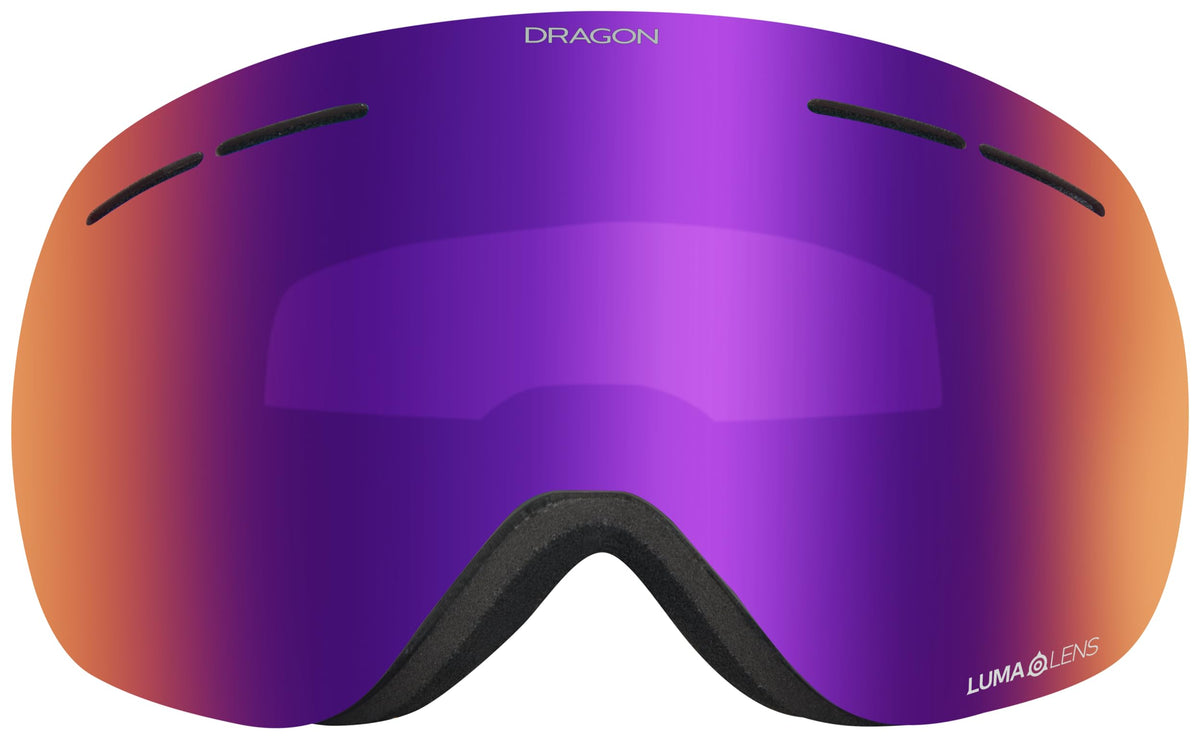 Snow goggles with purple mirrored lens and dark foam frame.