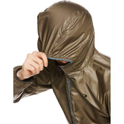 Oakley men's wind anorak jacket hood close-up, olive fabric and blue-trim zipper