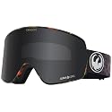 Snow goggles with black frame and dark mirrored lens, black strap with circular dragon logo.