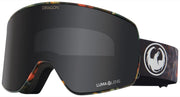 Snow goggles with black frame, dark gray mirrored lens, dark strap with dragon emblem.