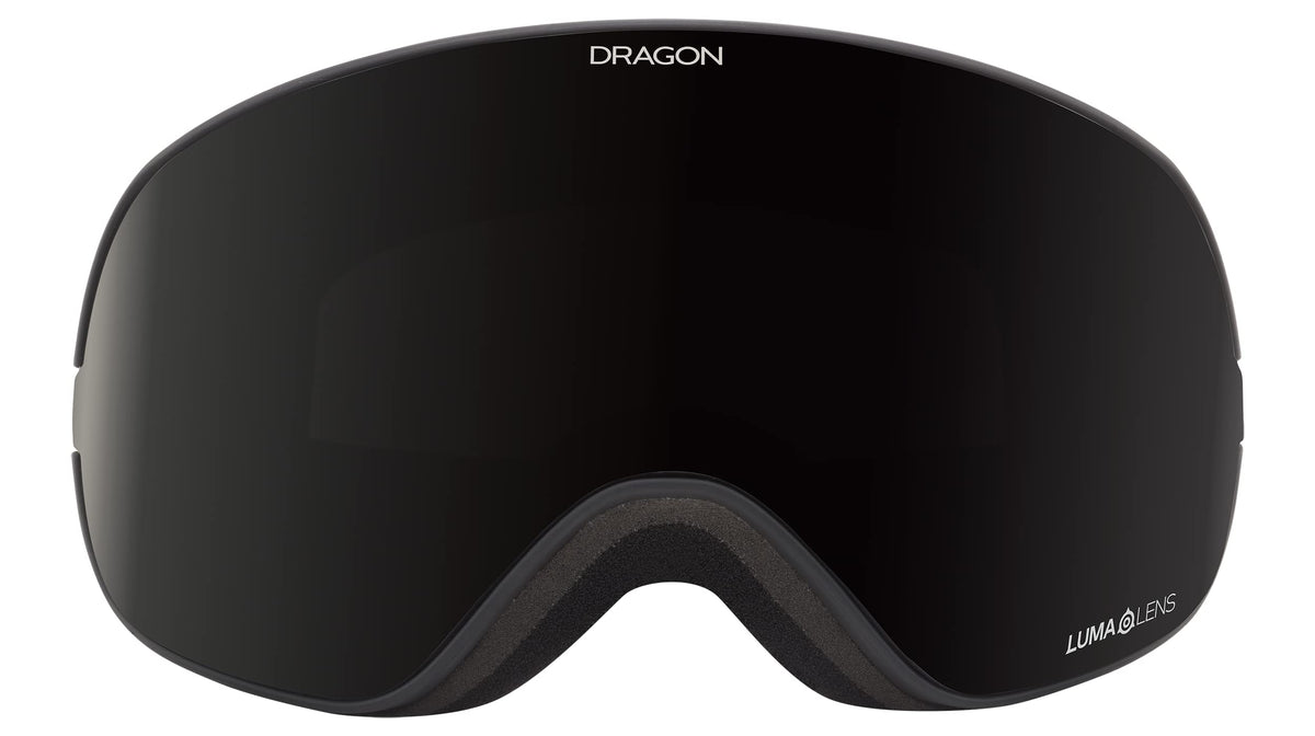 Black snow goggles with wide dark lens, arched fit and vented frame profile