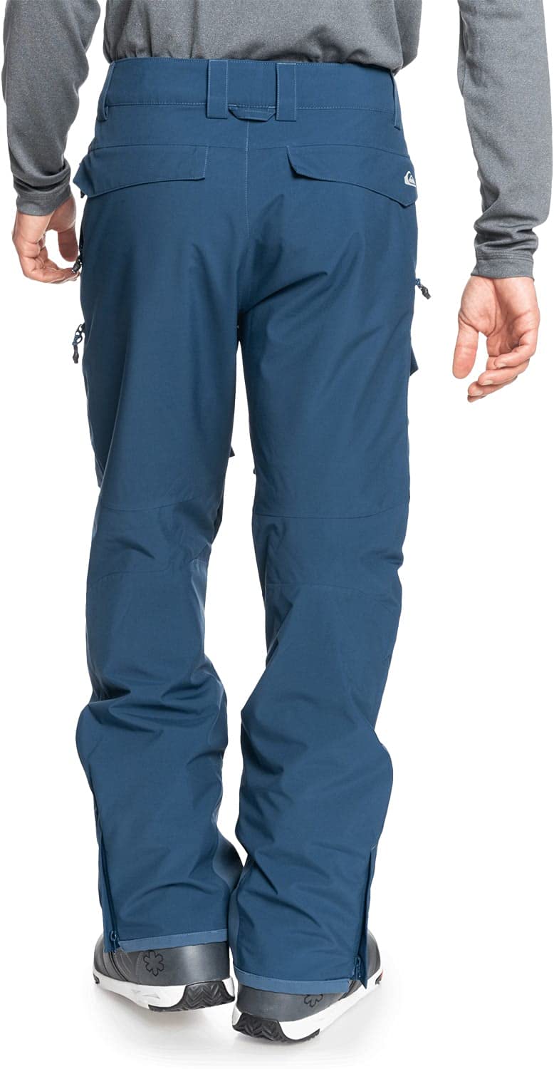 Men's blue snowboard pants back view with belt loop and cargo pocket panels