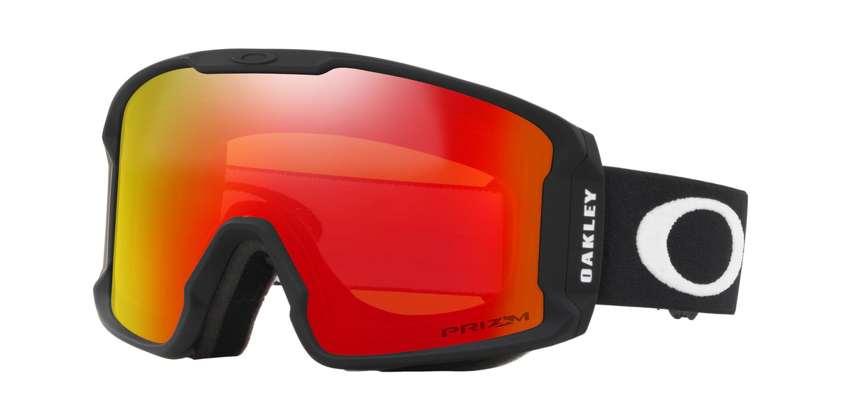 Black snow goggles with red Prizm lens and white Oakley strap