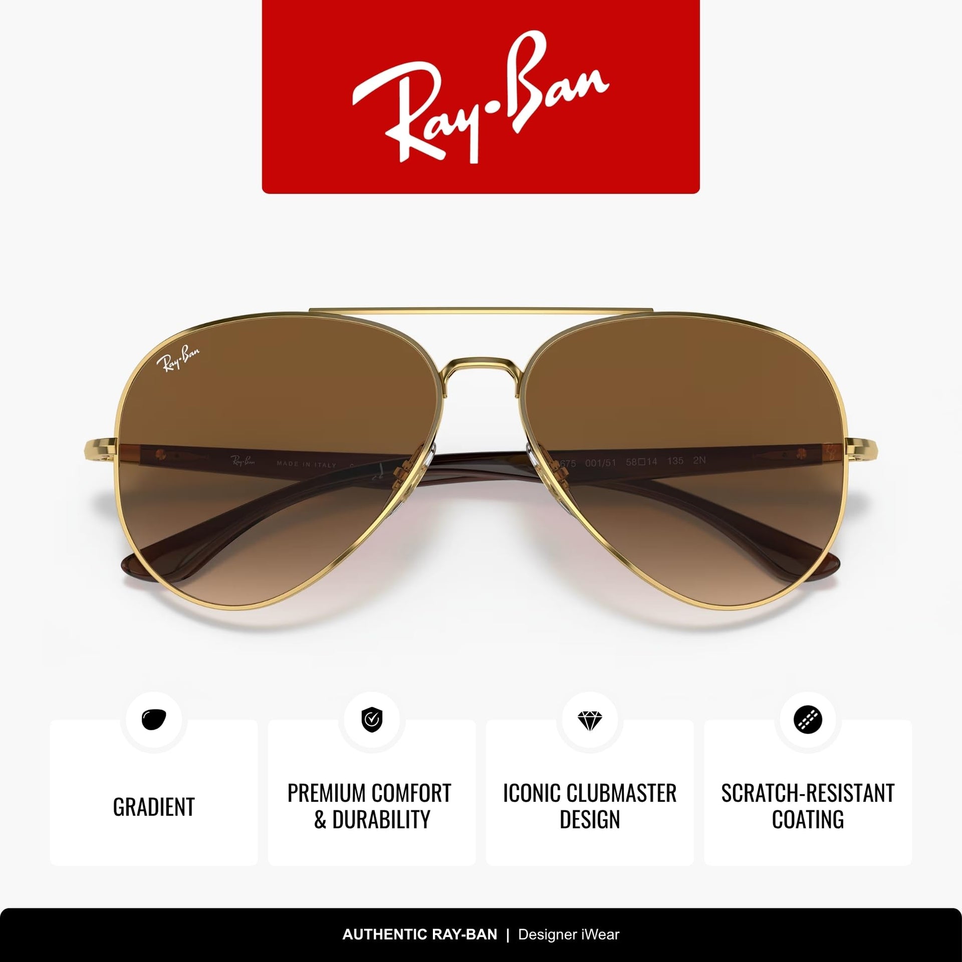 Ray-Ban Aviator RB3675 Sunglasses - Gold/Clear Gradient Brown / 58 mm - 8056597432153 - Additional Image 2