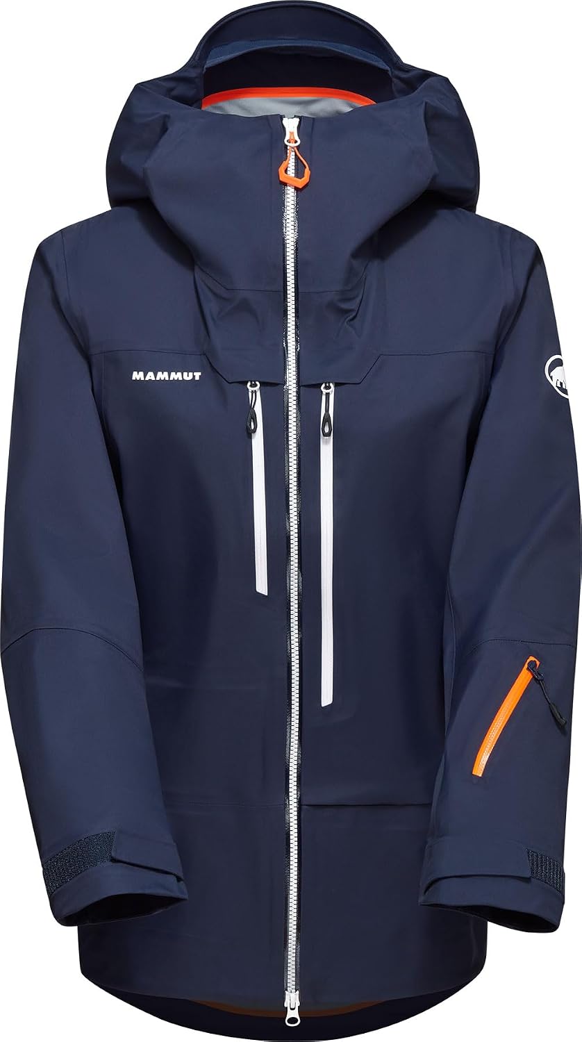 Women's hooded jacket in dark navy with full zip, orange accents, and adjustable hood