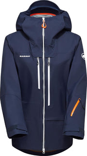 Women's hooded jacket in dark navy with full zip, orange accents, and adjustable hood