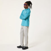 Men's blue hoodie with hood and front zipper, side view, long sleeves