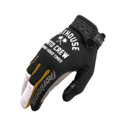 Youth motorcycle glove in black with white and yellow graphics on back