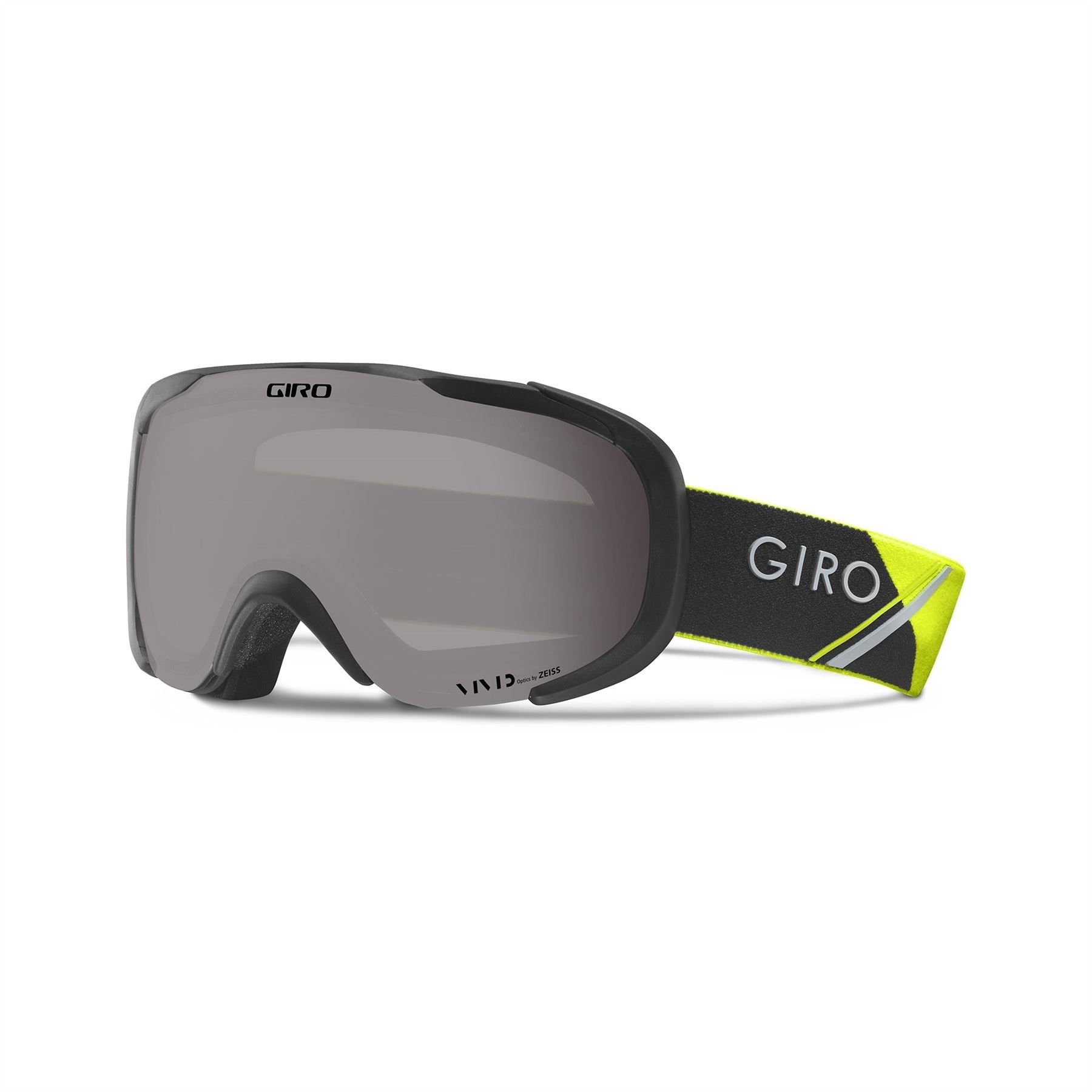 Giro snow goggles with yellow-and-black frame and gray mirrored lens