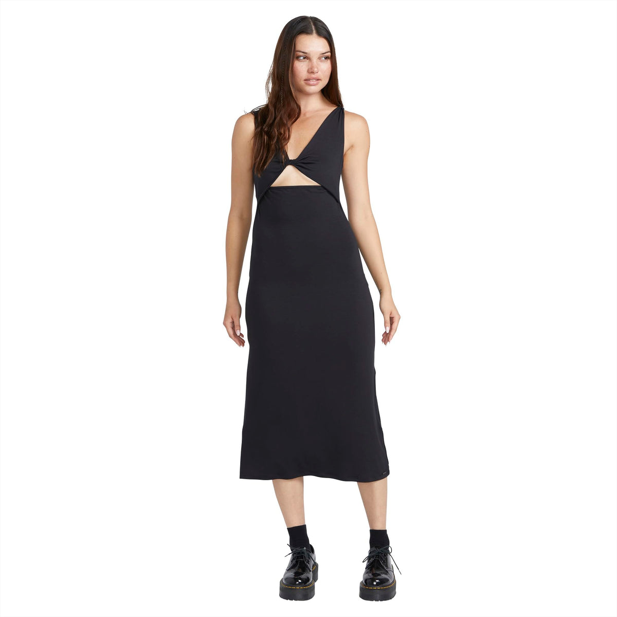 Black sleeveless midi dress with V-neck and front cutout detail