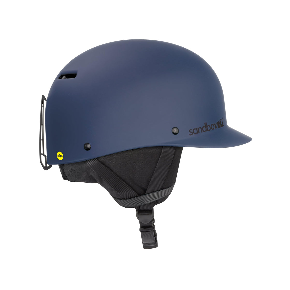 Navy sport snow helmet with chin strap and side ventilation
