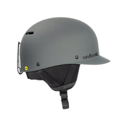 Gray sport snow helmet with chin strap and side ventilation