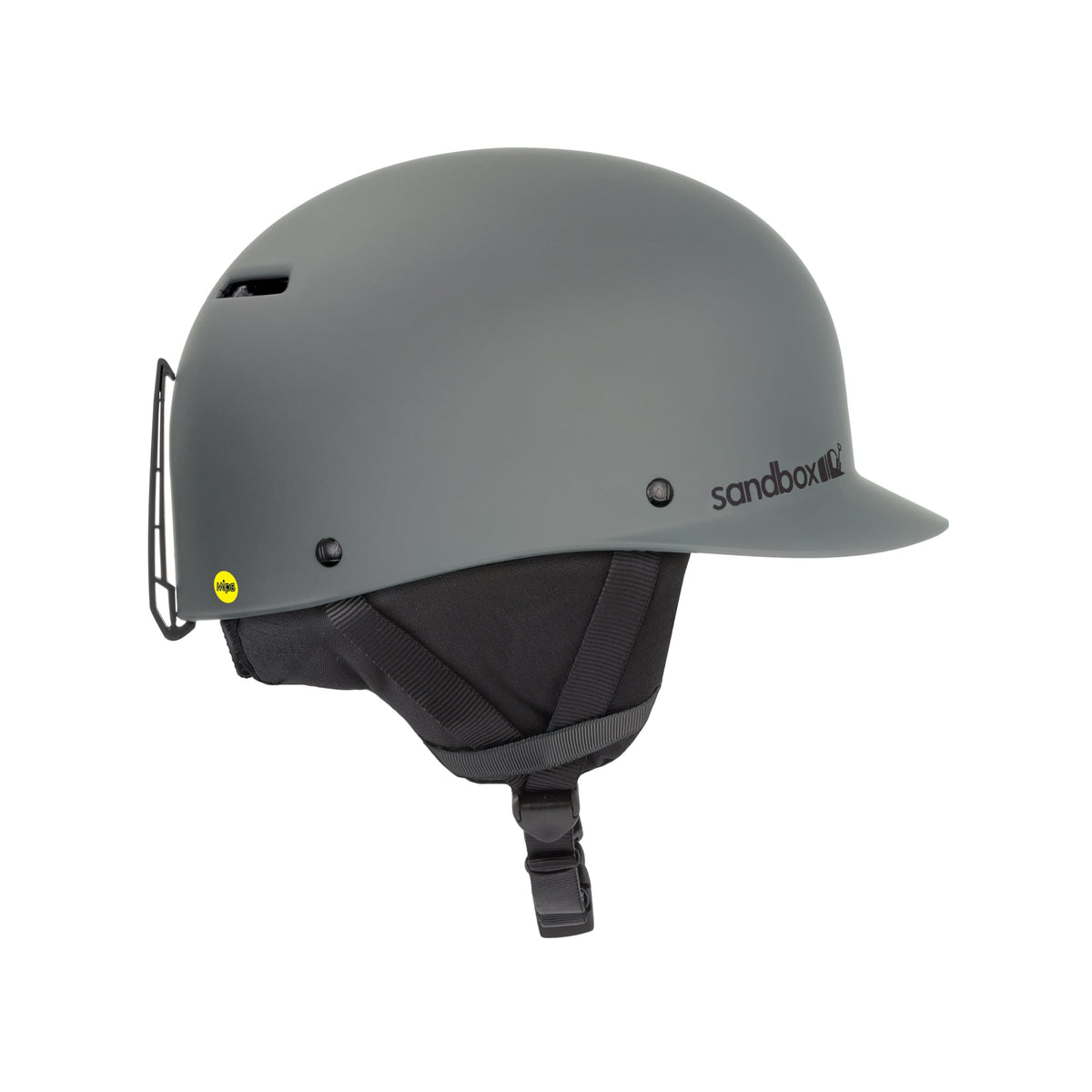 Gray sport snow helmet with chin strap and side ventilation