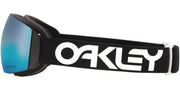 Black snow goggles with white Oakley strap and blue mirrored lens