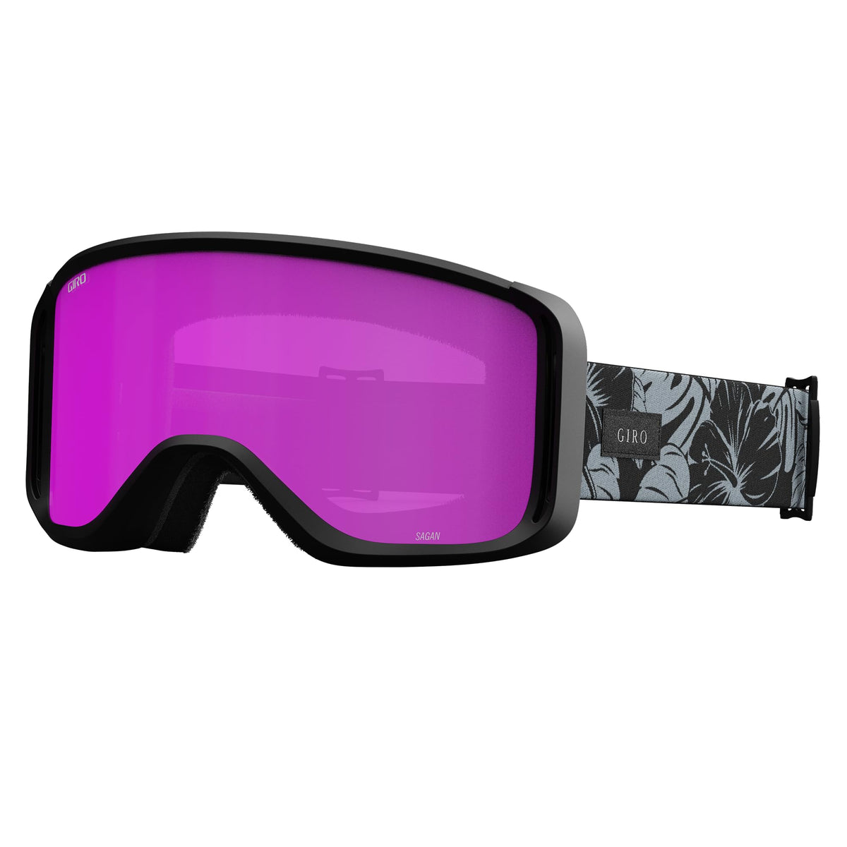 Sagen snow goggles with black frame and purple-tinted lens, patterned black strap