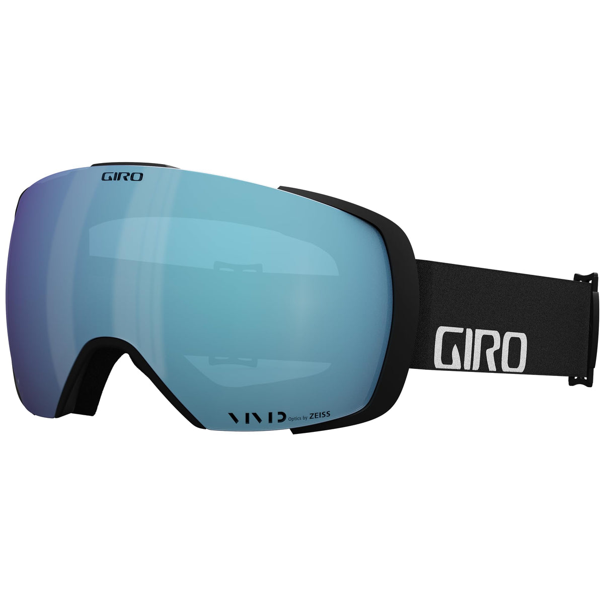 Snow goggles with blue mirrored lens and black frame, side strap with logo