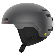 Gray snow helmet with vented shell, adjustable chin strap, and side air vents