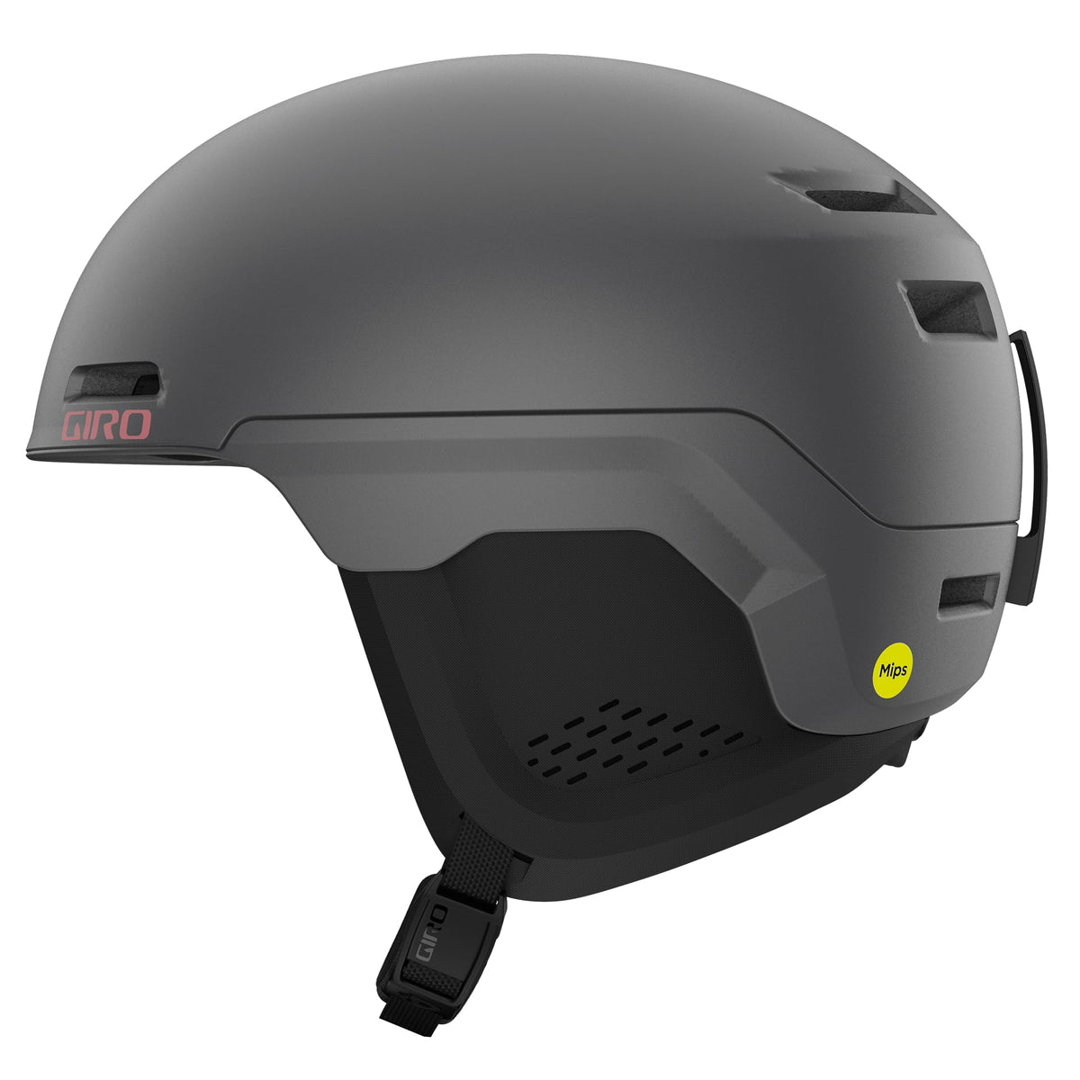 Gray snow helmet with vented shell, adjustable chin strap, and side air vents