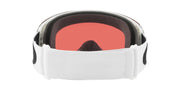 Oakley snow goggle with white strap and red mirrored lens, back-facing front view.