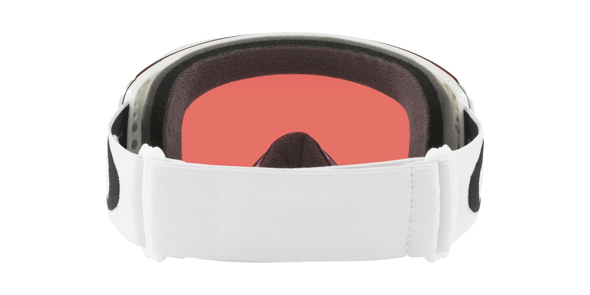 Oakley snow goggle with white strap and red mirrored lens, back-facing front view.