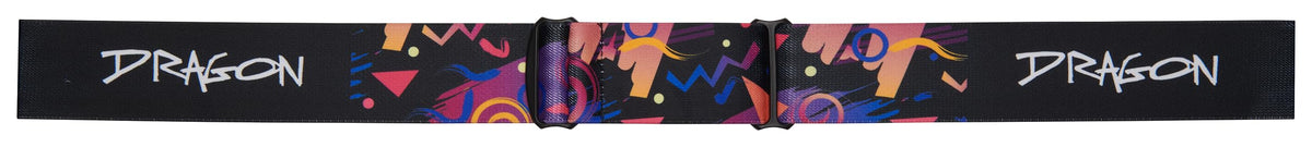 Black ski goggle strap band with Dragon logo and colorful geometric accents