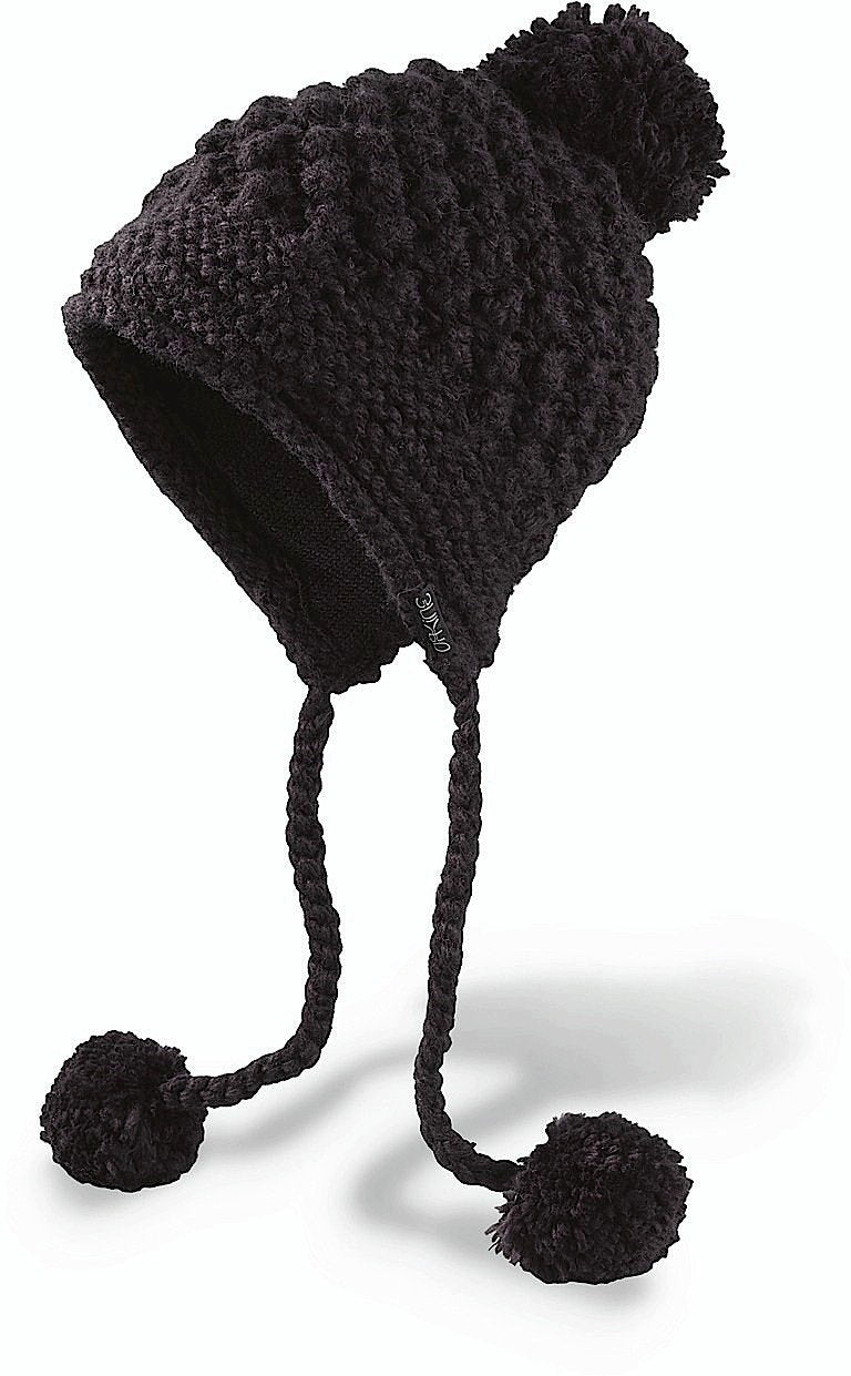 Black knit beanie with pom-poms and long earflaps
