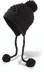 Black knit beanie with pom-poms and long earflaps