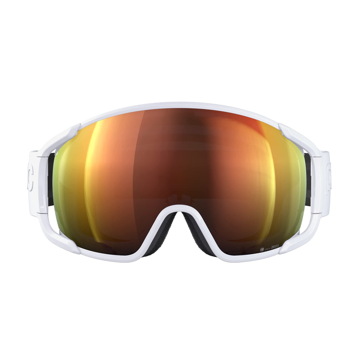 Front view white ski goggles with orange mirrored lens