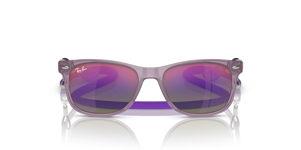 Ray-Ban Junior Wayfarer sunglasses, front view, clear purple frame with mirrored purple lenses