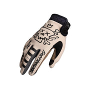 Youth motocross gloves, cream with black illustrated graphic and black palm inserts