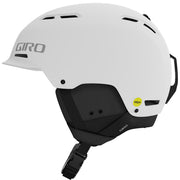 Snow helmet with glossy white shell, black panels, and lime MIPS badge