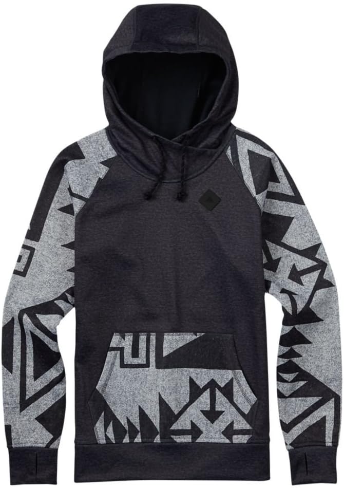 Women’s pullover hoodie with hood, dark fabric, and bold geometric print sleeves
