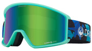 Turquoise snow goggles with reflective green lens and blue DRAGON strap