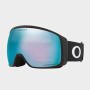 Oakley snow goggles with blue Prizm lens, black frame and white logo strap.