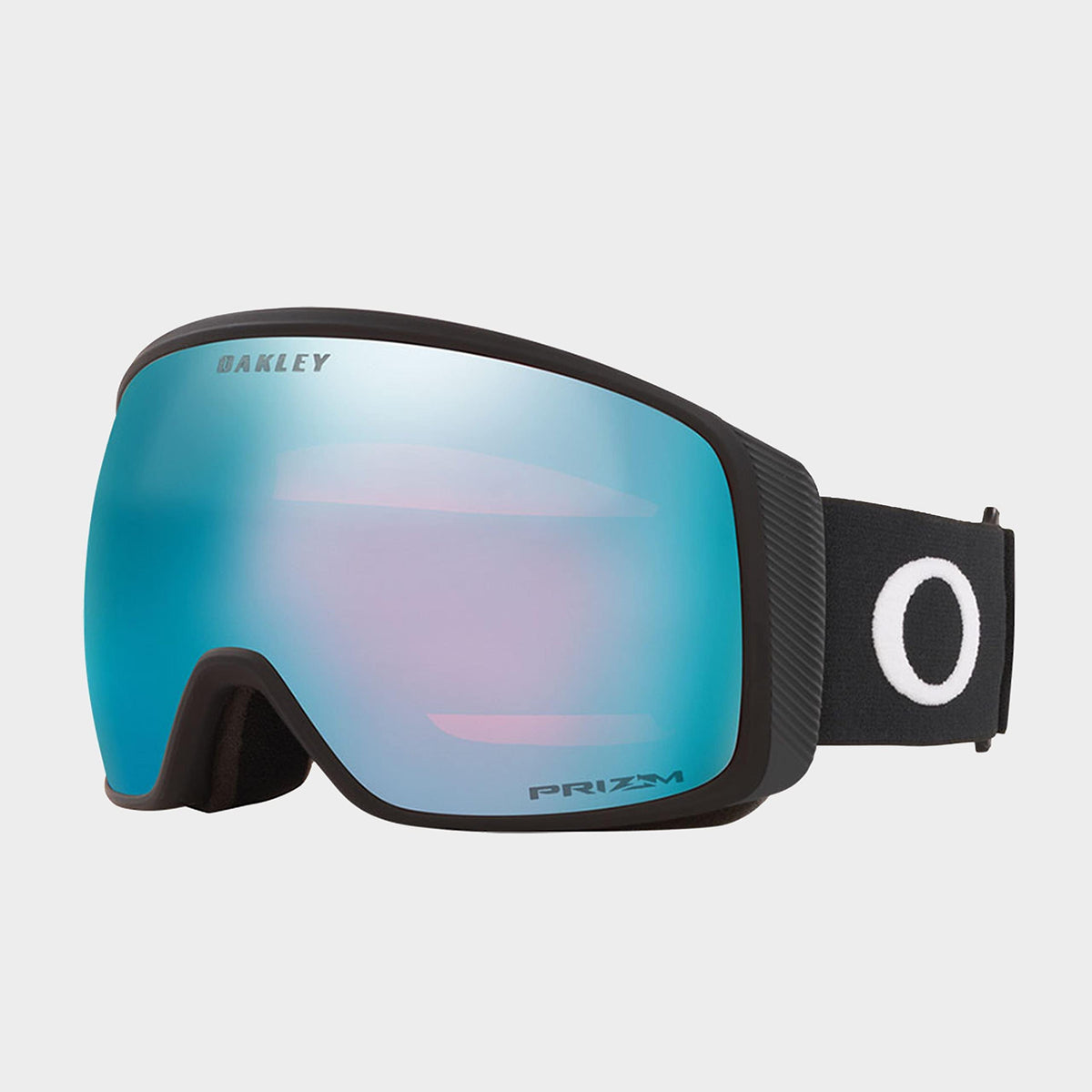 Oakley snow goggles with blue Prizm lens, black frame and white logo strap.