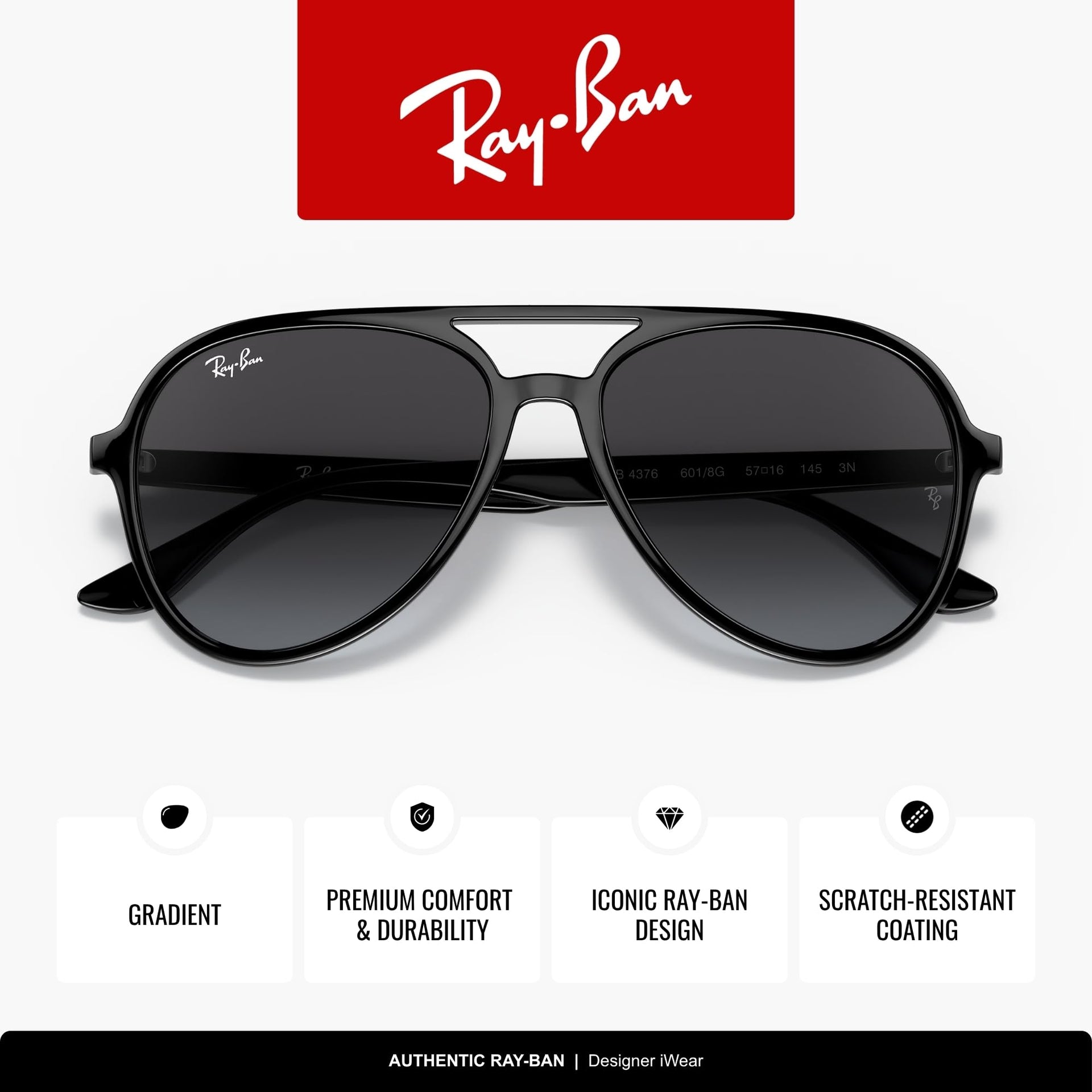 Ray-Ban Aviator RB4376 Sunglasses - Black / Grey Gradient / Large - 8056597626583 - Additional Image 2