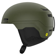 Olive green snow helmet with vented shell, adjustable chin strap, and ear coverage