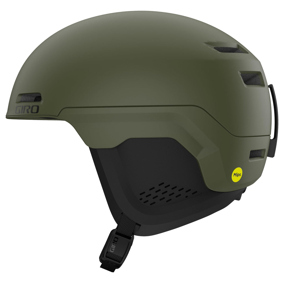 Olive green snow helmet with vented shell, adjustable chin strap, and ear coverage