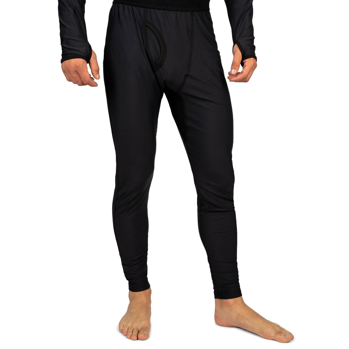 Black fitted base layer tights, long legs with elastic ankle cuffs