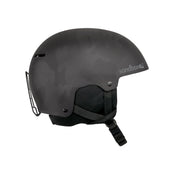Matte black snow helmet with black chin strap and face shield